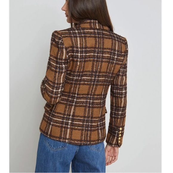 L'AGENCE Kenzie Plaid Tweed Double-Breasted Blazer in Brown / Gold Size 6 - Picture 3 of 15